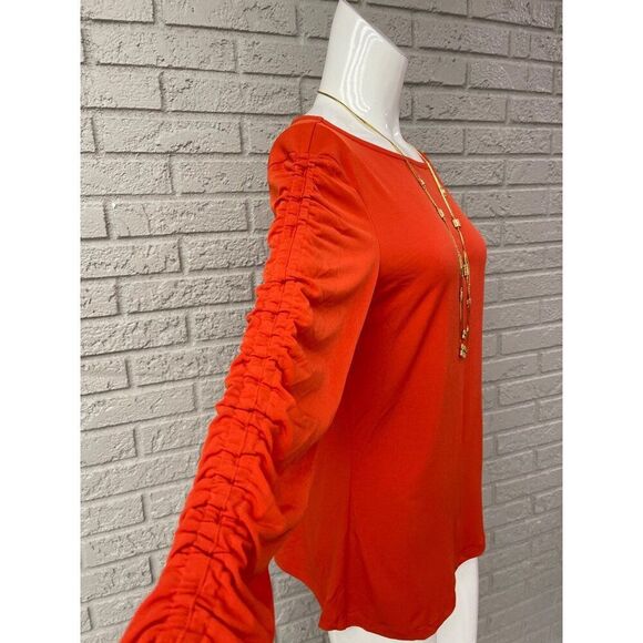 Susan Graver Women Orange Ruched Drawstring Long Sleeve Blouse Size S - Picture 2 of 7